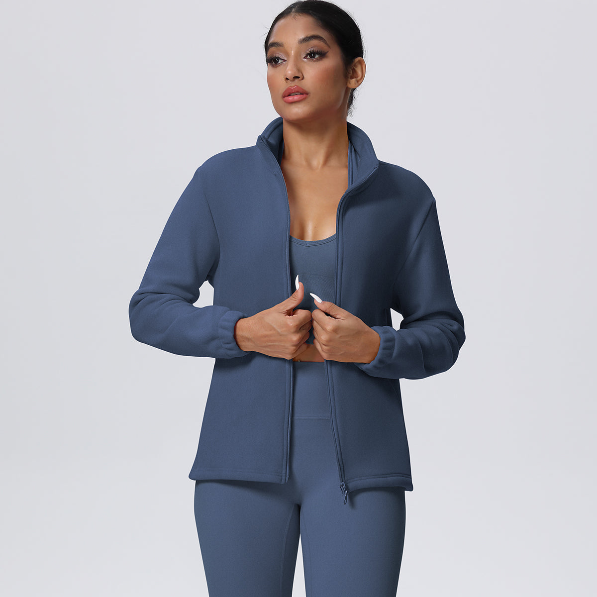 Fleece-Lined Zip-Up Jacket with Stand Collar