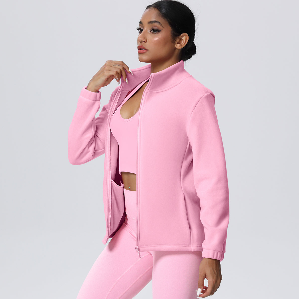 Fleece-Lined Zip-Up Jacket with Stand Collar