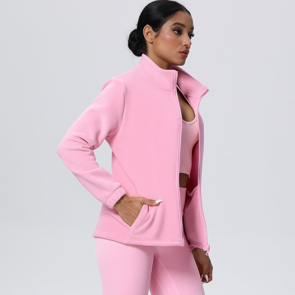 Fleece-Lined Zip-Up Jacket with Stand Collar