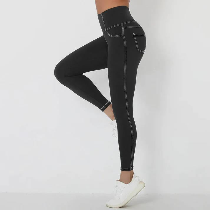 Denim Style High Waist Pocket Leggings - Black