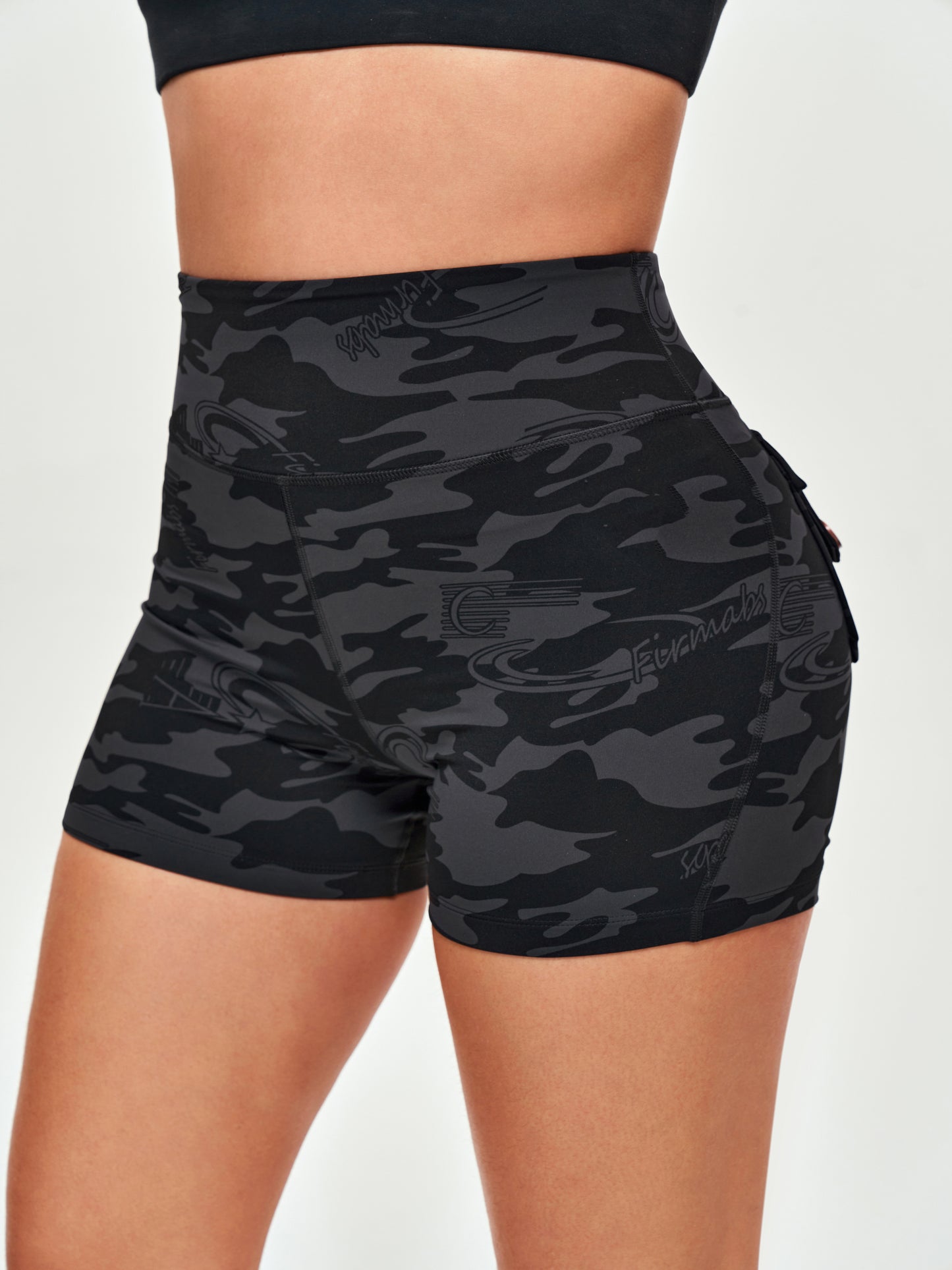 High Waisted Hip Lifting Shorts - Black Gray Camo