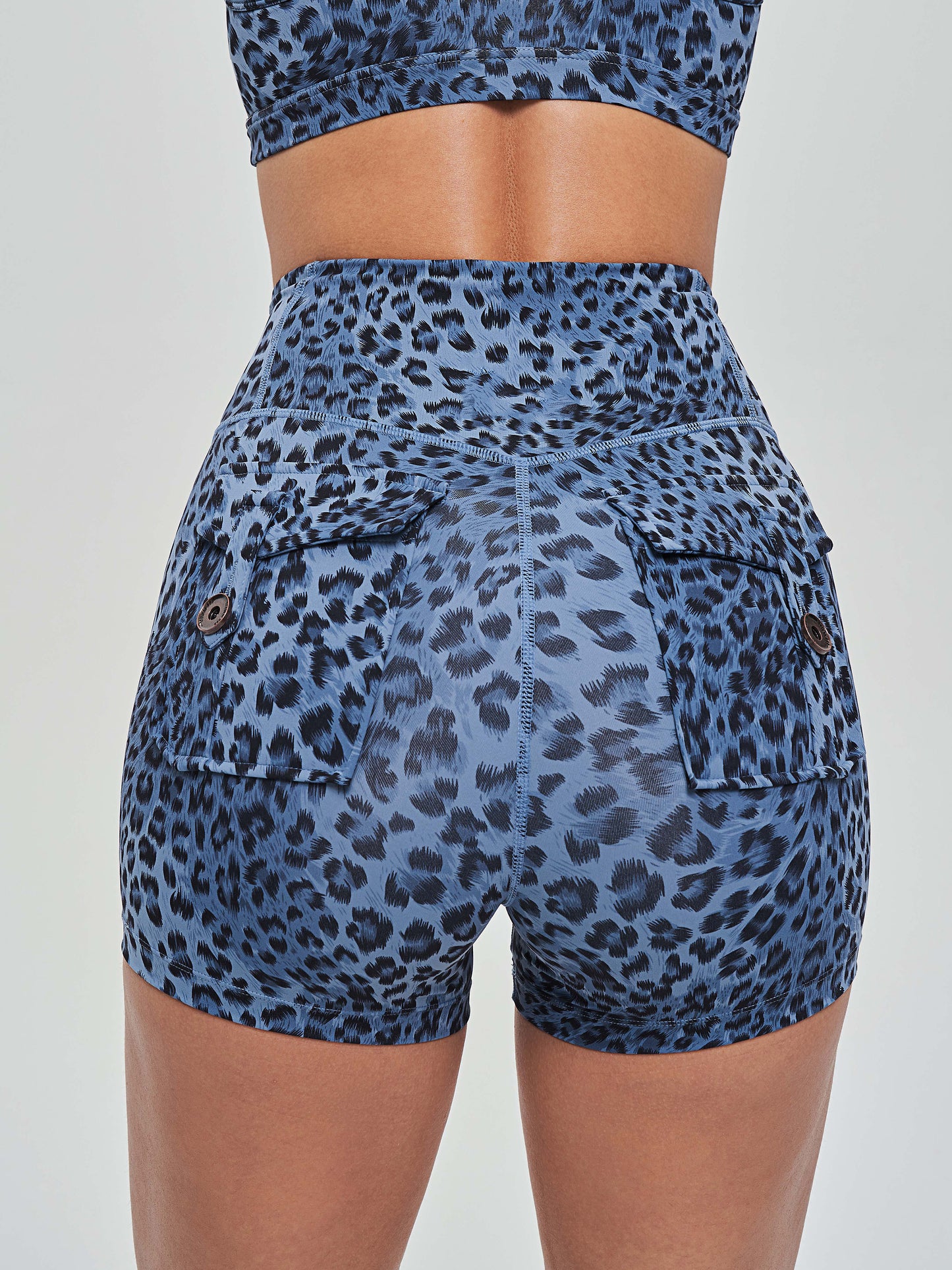 High Waisted Hip Lifting Shorts - Blue Leopard