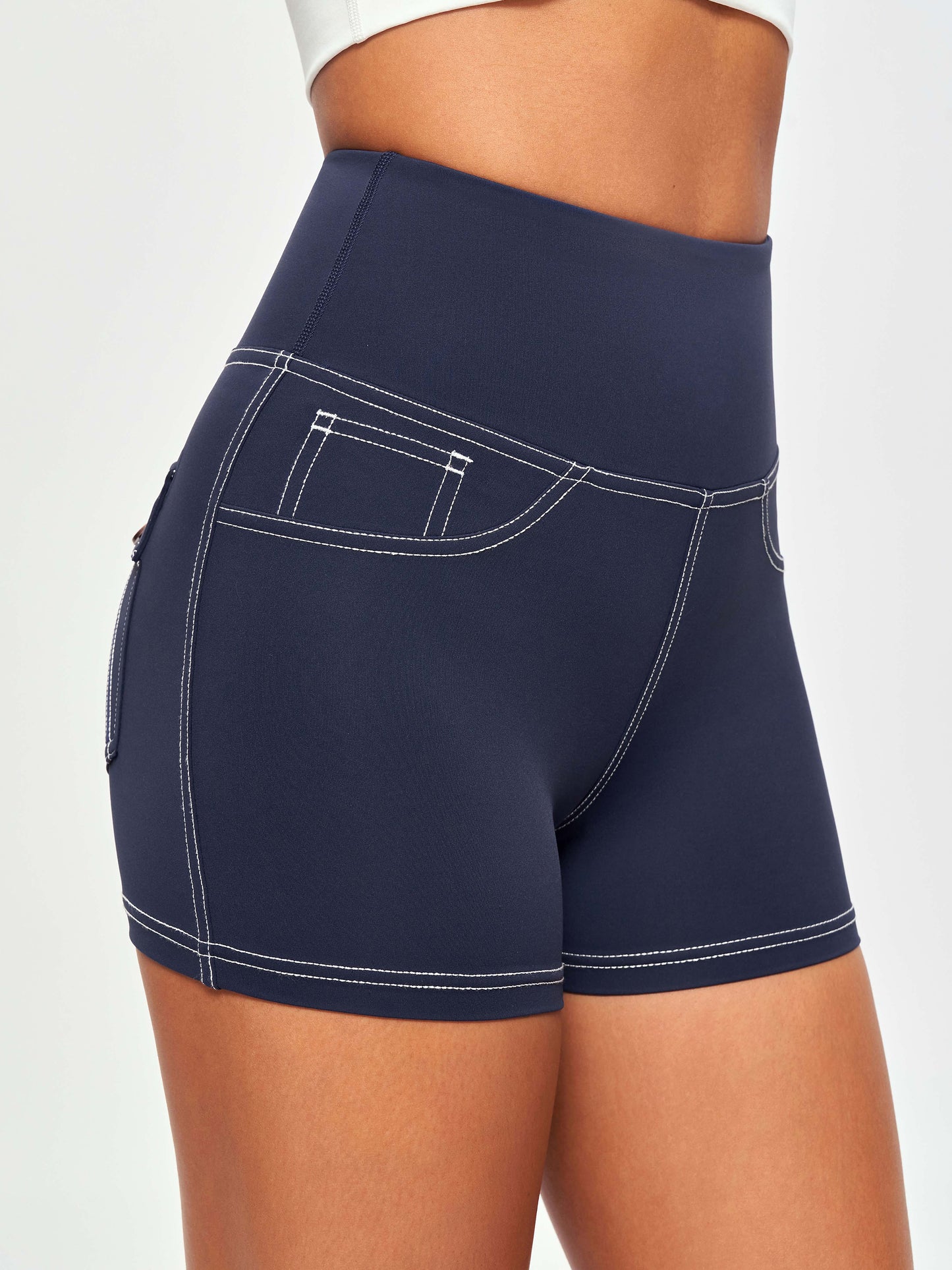 High Waisted Hip Lifting Shorts - Navy Blue