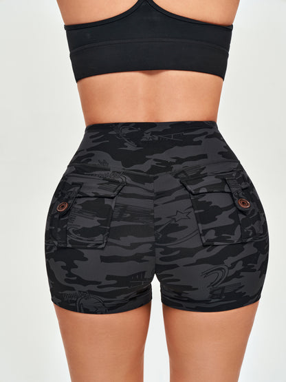 High Waisted Hip Lifting Shorts - Black Gray Camo