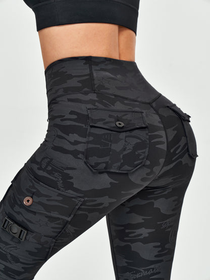 Women's Cargo Style Fitness Pockets Leggings - Black Gray Camo