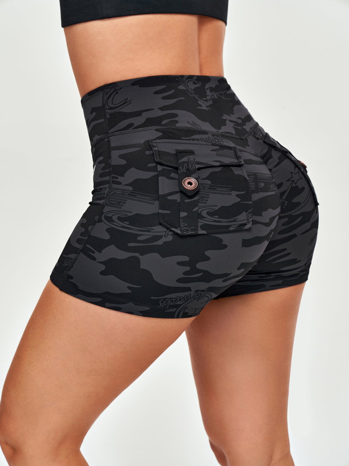 High Waisted Hip Lifting Shorts - Black Gray Camo