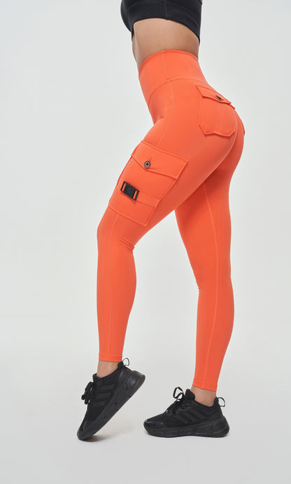 Women's Cargo Style Fitness Pockets Leggings - Orange