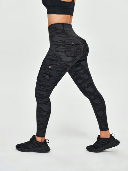 Women's Cargo Style Fitness Pockets Leggings - Black Gray Camo