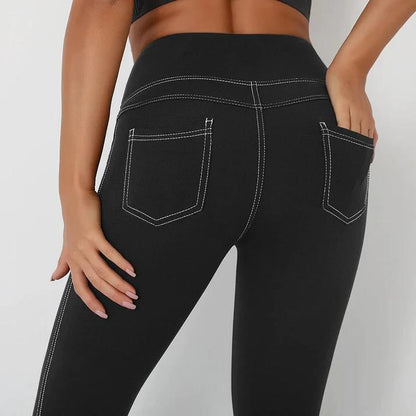 Denim Style High Waist Pocket Leggings - Black