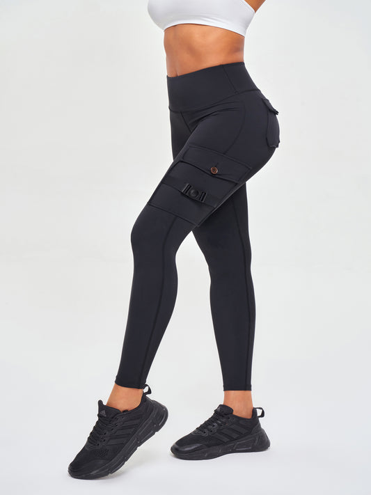 Women's Cargo Style Fitness Pockets Leggings - Black