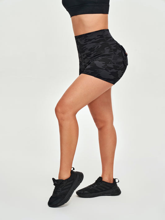 High Waisted Hip Lifting Shorts - Black Gray Camo