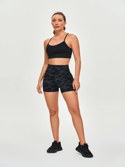 High Waisted Hip Lifting Shorts - Black Gray Camo