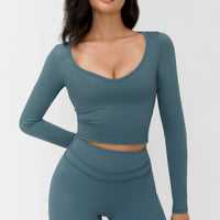 Long-Sleeve V-Neck Cropped Sports Tee