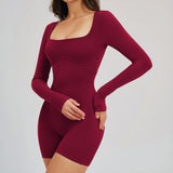 U-Neck Open-Back Long-Sleeve Romper