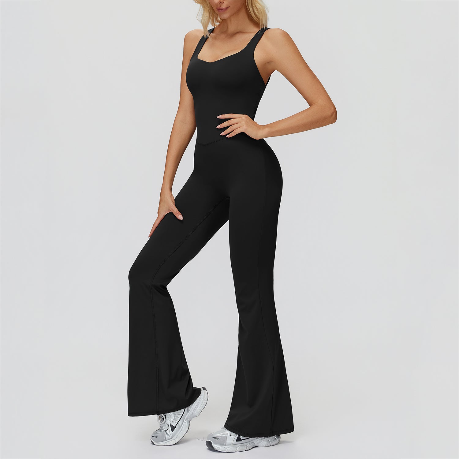Cross-Back Open-Back Flare Jumpsuit