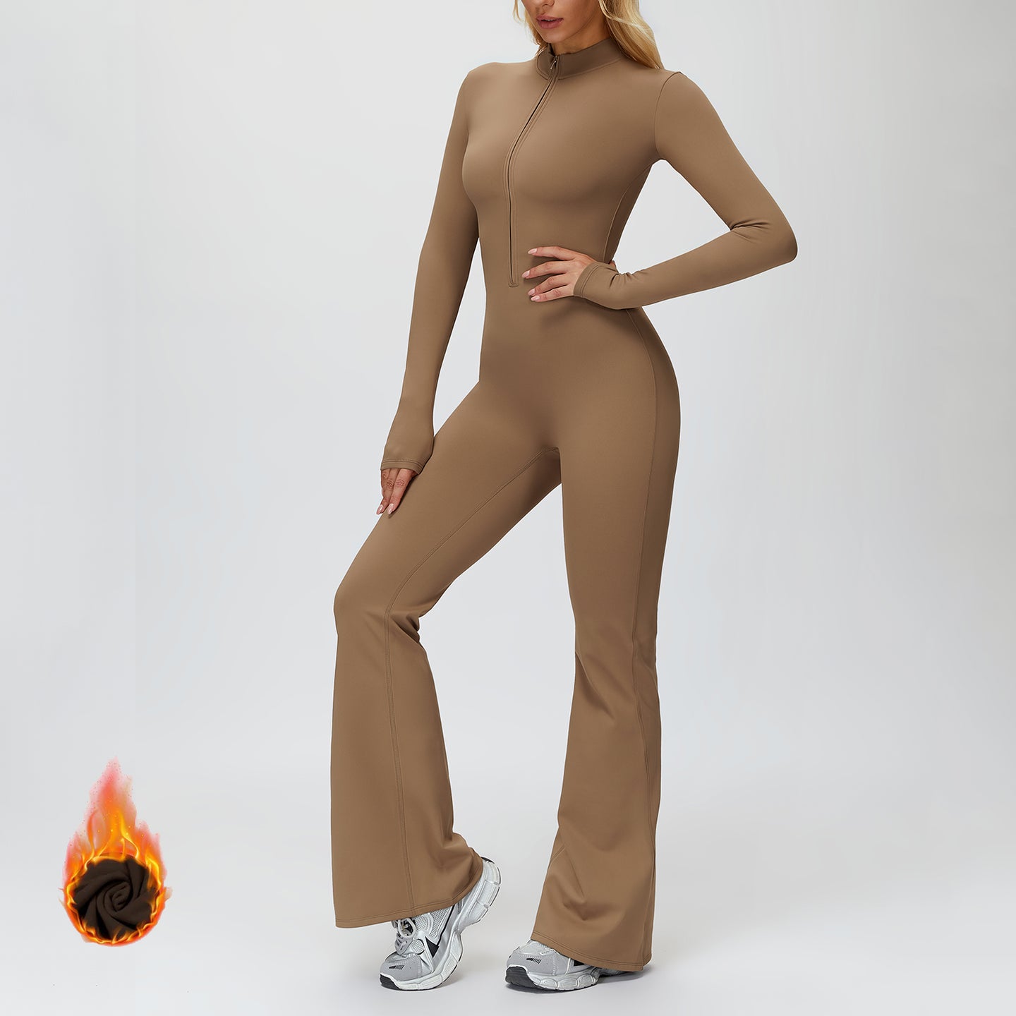 Fleece-Lined Zip-Up Flare Jumpsuit