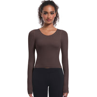 Seamless Crew Neck Long Sleeve Top with Built-in Bra