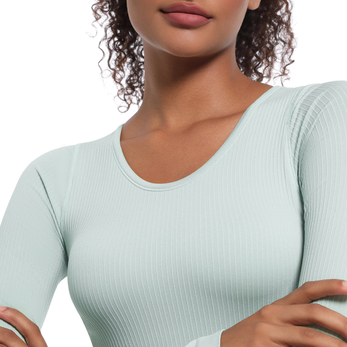 Seamless Crew Neck Long Sleeve Top with Built-in Bra
