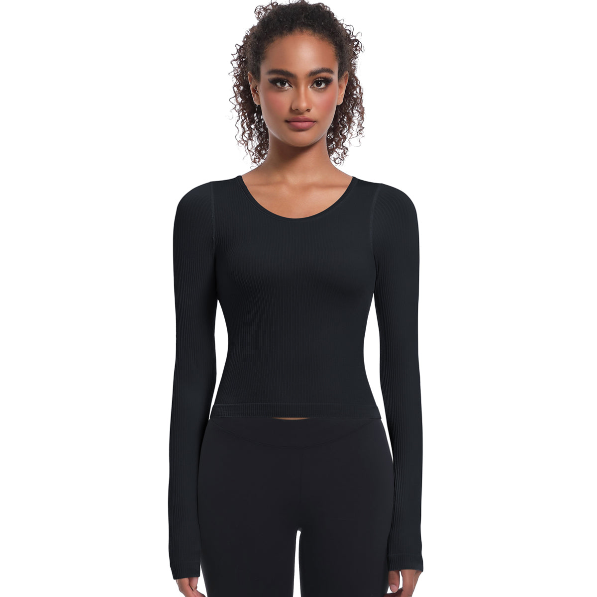 Seamless Crew Neck Long Sleeve Top with Built-in Bra