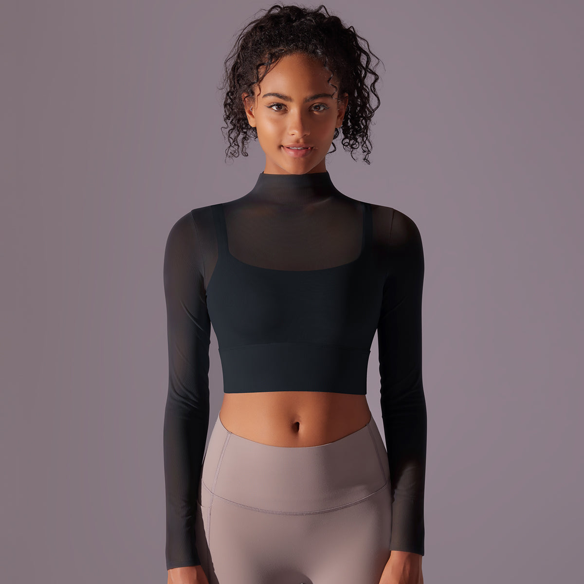 Mesh Long Sleeve Cropped Top with Built-in Bra